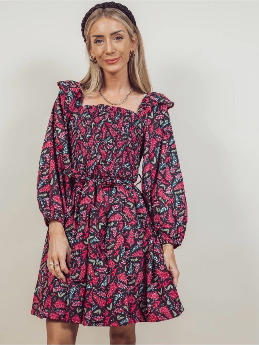 &MERCI Smocked Square-Neck Long Sleeve Floral Dress in Pink